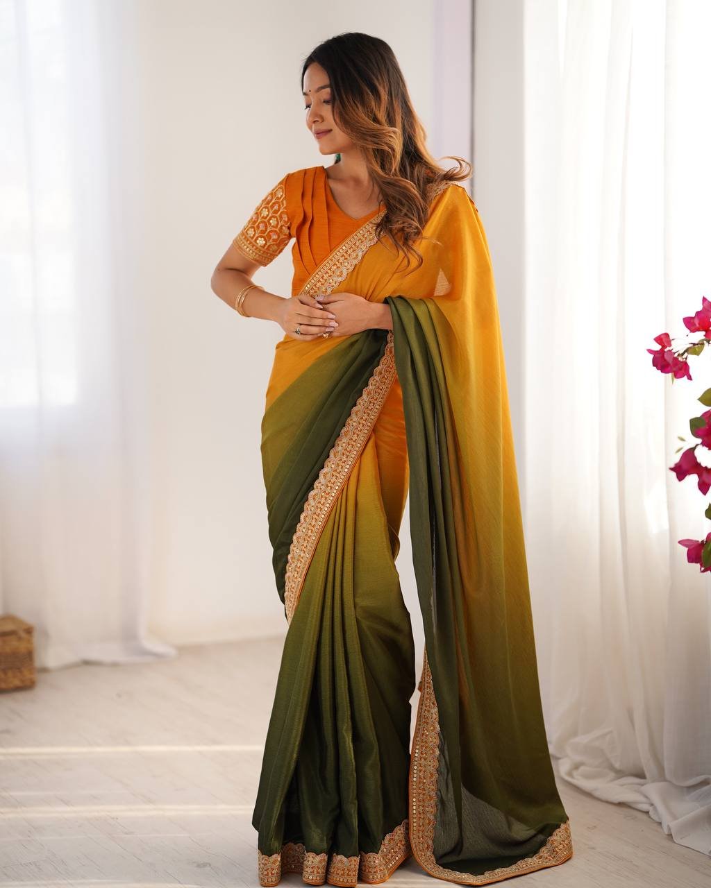 Women's Elegant Ombre Green Georgette Saree with Intricate Golden Zari & Stone Embellishments – Complete with Heavily Worked Blouse for Festive & Wedding Wear - Image 19